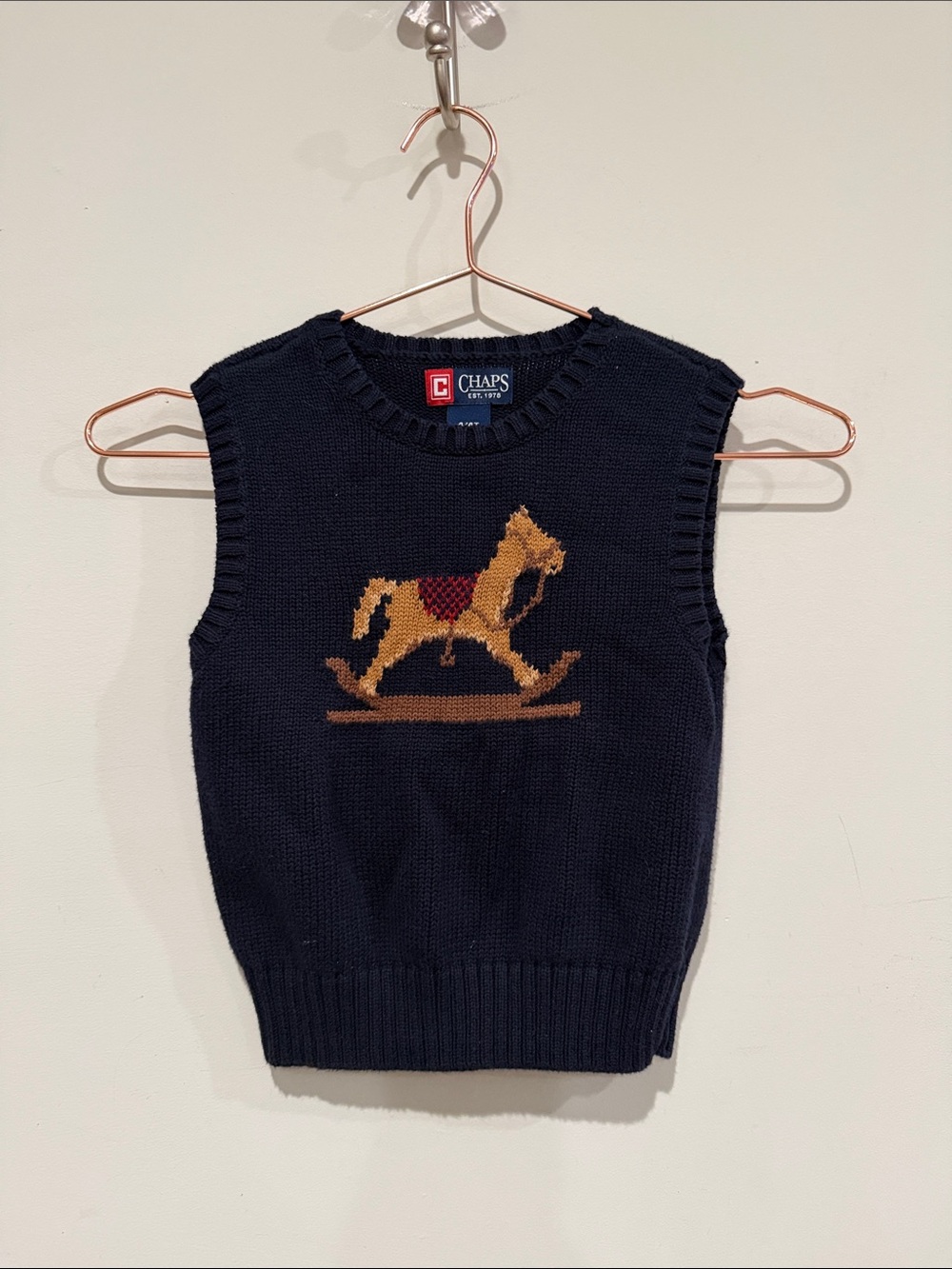 Chaps Navy Knit V-Neck Sweater Vest with Brown & Gold Rocking Horse. Size 4/4T